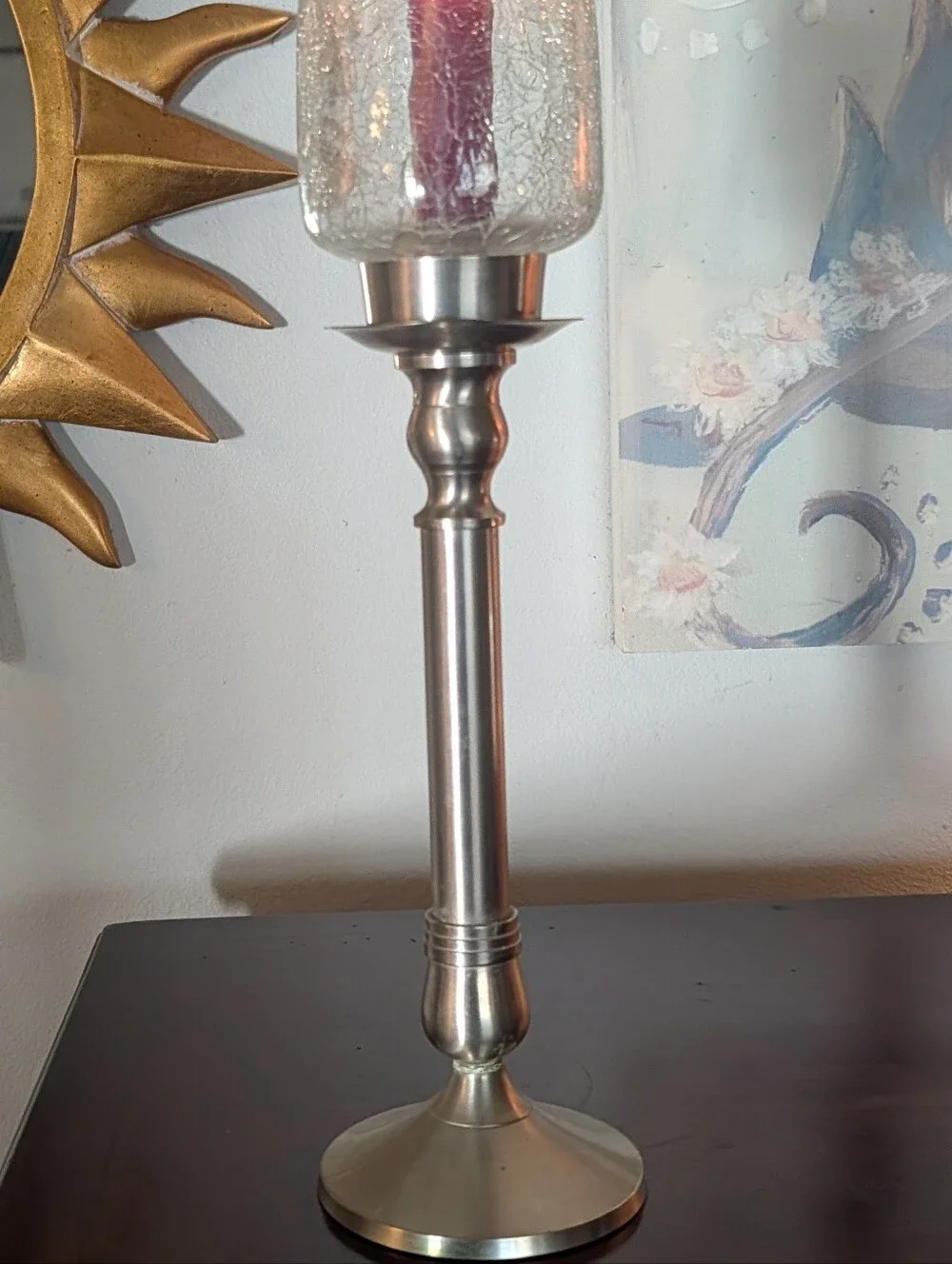 Vintage Brushed Nickel Hurricane Candle Stick Holder 16 3/4